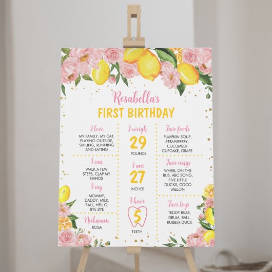 Poster Signe rose floral citron fille 1er anniversaire Ja