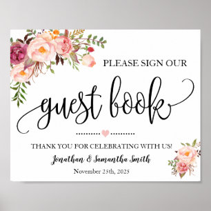 Poster Signer notre livre d'hôtes wedding shower rose flo
