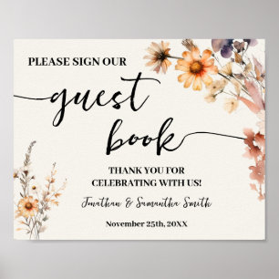 Poster Signer notre Mariage de livre d'hôtes Fleurs sauva