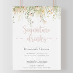 Poster Signet Fleur sauvage Boho vert<br><div class="desc">Cette enseigne de boissons boho fleur sauvage est parfaite pour un mariage rustique. Le design est composé de fleurs sauvages roses,  roux,  jaunes et blancs agrémentés d'élégants bouquets. Personnalisez le panneau avec les noms de la mariée et du marié et leur choix de boisson préférée.</div>