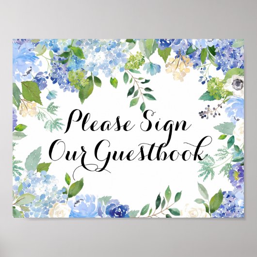 Poster Signez Notre Guestbook Sign - Floral Bleu (Devant)