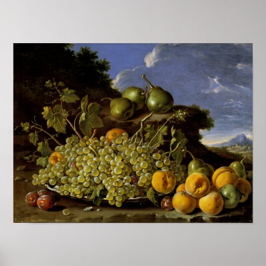 Poster Silence with Plate of grapes, Peaches, Pears (Devant)