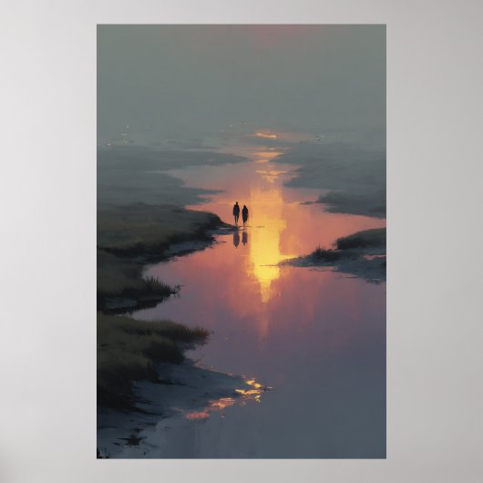 Poster Silhouette Couple Sunset Stream Reflection (Devant)