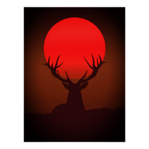 Poster Silhouette de cerf avec coucher de soleil rouge fe
