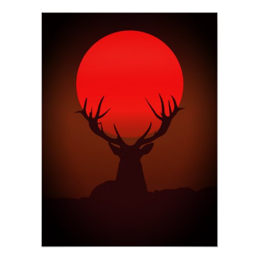 Poster Silhouette de cerf avec coucher de soleil rouge fe (Devant)