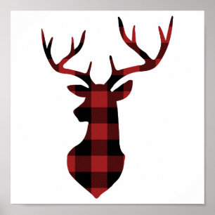Poster Silhouette de cerfs de Noël Plaid Buffalo Rouge