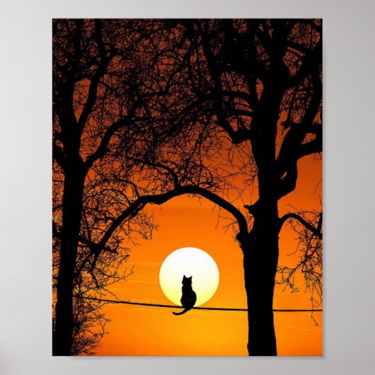 Poster Silhouette de chat noir au coucher du soleil (Devant)