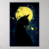 Poster Silhouette de chat noir sur une lune jaune (Devant)