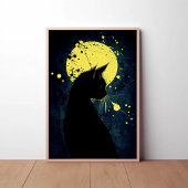 Poster Silhouette de chat noir sur une lune jaune