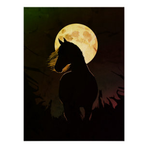Poster Silhouette de cheval majestueux sous Pleine lune