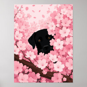 Poster Silhouette de chien noir sur fond de fleurs de cer