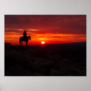 Poster Silhouette de cow-boy solitaire Coucher de soleil