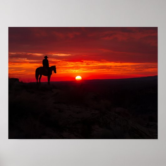 Poster Silhouette de cow-boy solitaire Coucher de soleil (Devant)