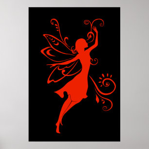 Poster Silhouette de Fée Rouge Élégante Ailée Fantastique