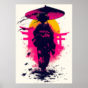 Poster Silhouette de geisha au coucher du soleil – Élégan