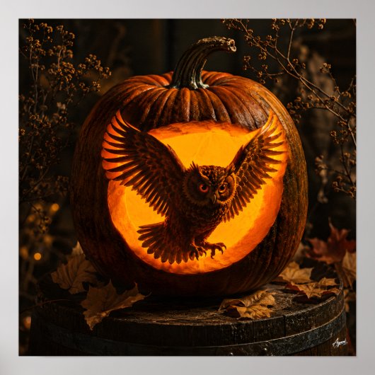 Poster Silhouette de hibou Citrouille rustique (Devant)