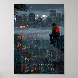 Poster Silhouette de la ville cyberpunk d'une figure soli
