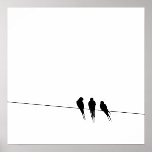 Poster Silhouette de merles sur un fil