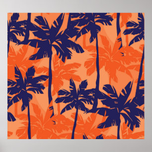 Poster Silhouette de palmier bleu, arrière - plan orange