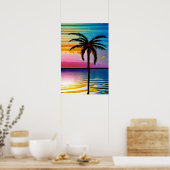 Poster Silhouette de palmier, mouette et coucher de solei (Cuisine)