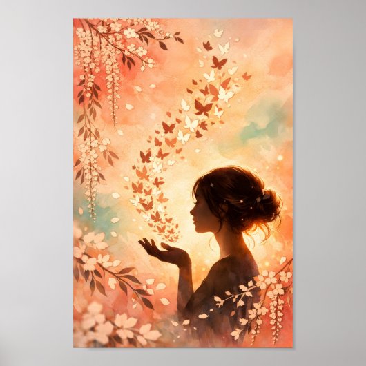 Poster Silhouette de papillon Fille florale pêche Aquarel (Devant)