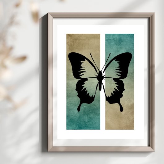 Poster Silhouette de papillon Riche Tan Fond Turquoise