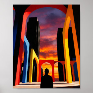 Poster "Silhouette de ville au coucher du soleil avec arc