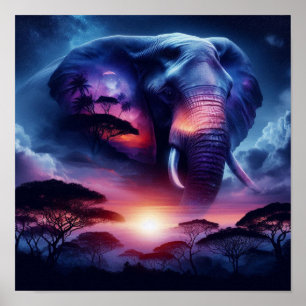 Poster Silhouette d'éléphant d'Afrique au coucher du sole