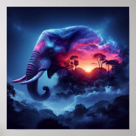 Poster Silhouette d'éléphant fusionnée avec coucher de so (Devant)