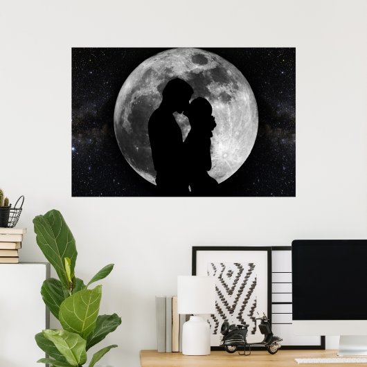Poster Silhouette des amoureux en pleine lune la nuit (Bureau à domicile)
