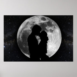 Poster Silhouette des amoureux en pleine lune la nuit