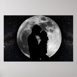Poster Silhouette des amoureux en pleine lune la nuit