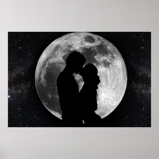 Poster Silhouette des amoureux en pleine lune la nuit (Devant)
