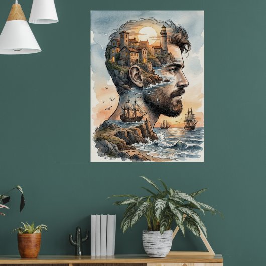 Poster Silhouette d'homme à l'aquarelle avec double expos (Salon 1)