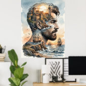 Poster Silhouette d'homme à l'aquarelle avec double expos (Bureau à domicile)