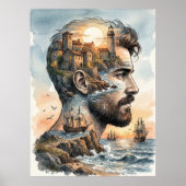Poster Silhouette d'homme à l'aquarelle avec double expos (Devant)