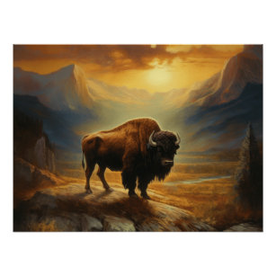 Poster Silhouette du coucher de soleil de bison de buffle