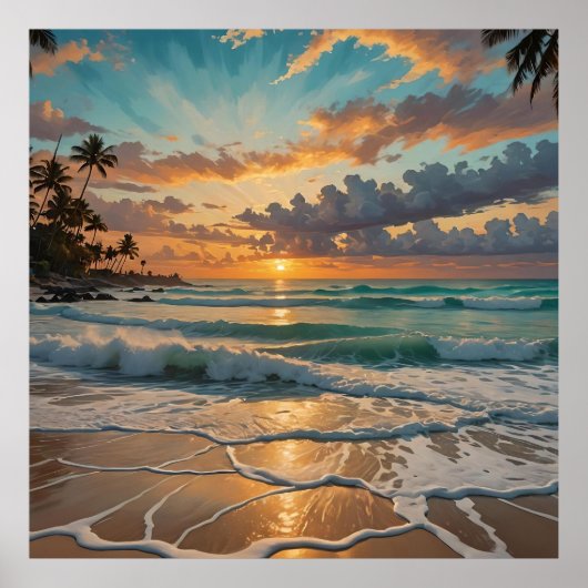 Poster Silhouette du coucher de soleil sur la plage (Devant)