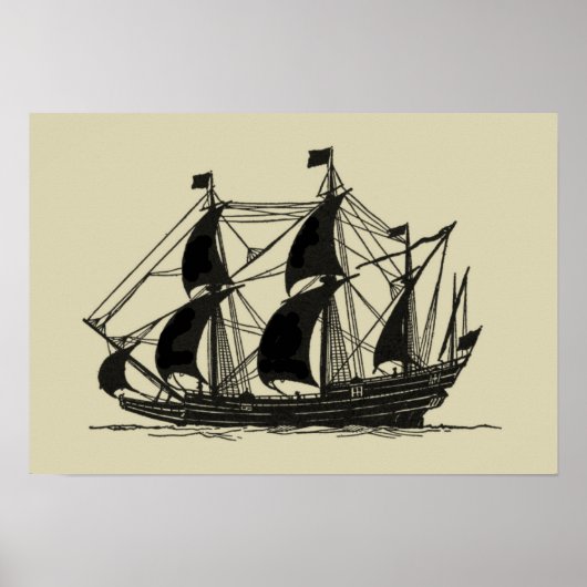 Poster Silhouette du navire avec voiles de billage (Devant)