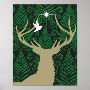 Poster Silhouette d'un cerf commun, d'une colombe et