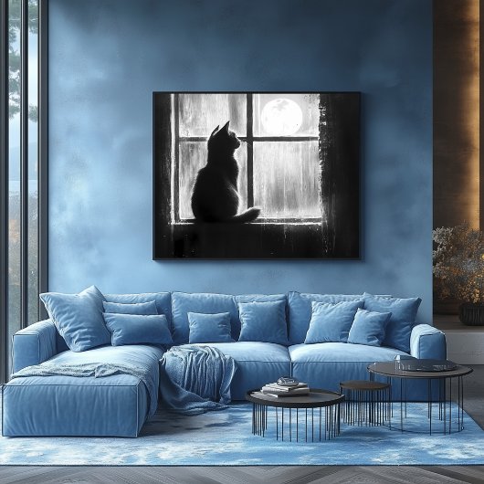 Poster Silhouette d'un chat par la fenêtre en clair de lu