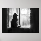 Poster Silhouette d'un chat par la fenêtre en clair de lu (Devant)