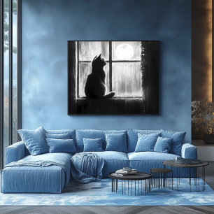 Poster Silhouette d'un chat près de la fenêtre au clair d