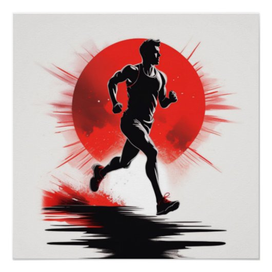 Poster Silhouette d'un coureur avec soleil rouge (Devant)