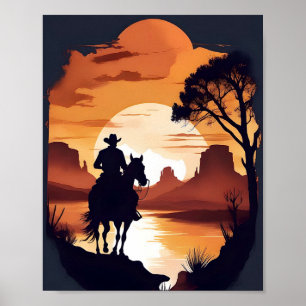 Poster Silhouette d'un cowboy à cheval dans un poste du d