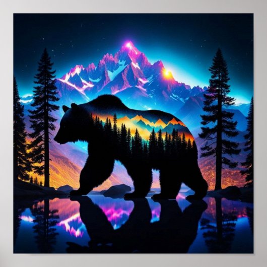 Poster Silhouette d'un ours montrant le paysage naturel (Devant)
