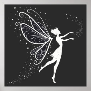 Poster Silhouette fée magique avec ailes et étoiles