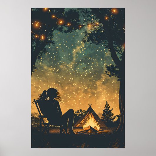 Poster Silhouette Girl Night Camping Aventure (Devant)
