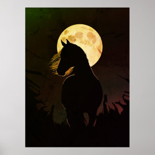 Poster Silhouette majestueuse d'un cheval sous la pleine