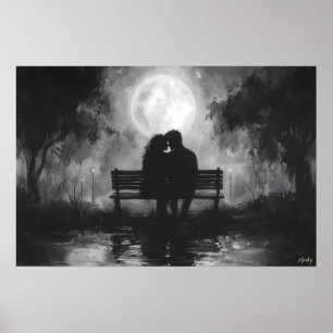 Poster Silhouette Romantique au Clair de Lune sur un Banc